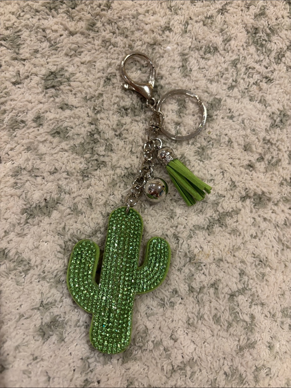 Green Desert Cactus Tassle Crystal Encrusted  Keychain Bag Charm NWT 6.25”